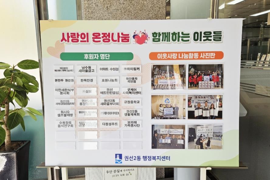 수원시 권선구 권선2동, 이웃사랑 나눔실천 후원자 예우 게시판 설치